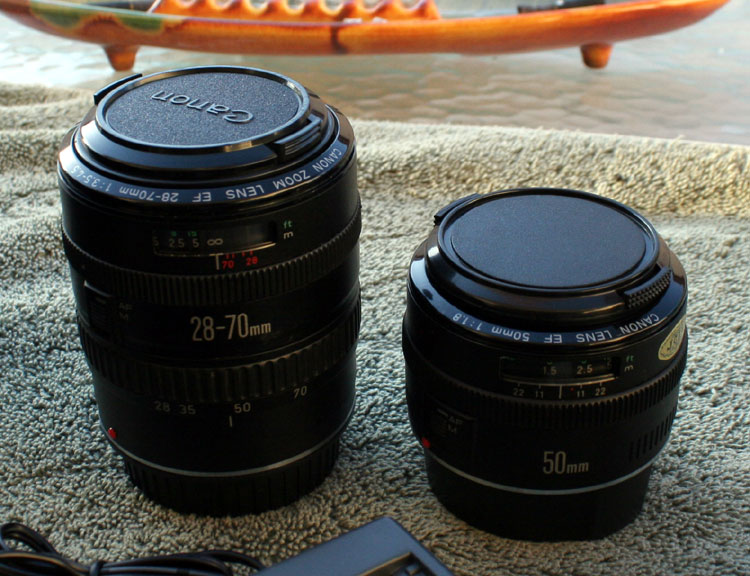 Two more new lenses, first-generation Canon EF's with the metal mounts and focus range windows. One's a fairly fast 28-70mm 1:3.5-4.5 telephoto, and the other is an even faster 50mm 1:1.8 prime lens. Next on my list: a Canon EF 75-300mm. If only the Sigma would have worked, I'd be about done now.