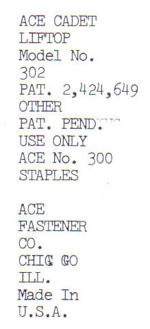 Text stamped on the bottom of the stapler