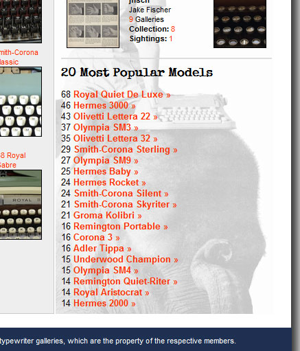 Top 20 most popular models are now listed in the Typewriter Database. The runaway favorite in terms of number uploaded? The Royal Quiet De Luxe.